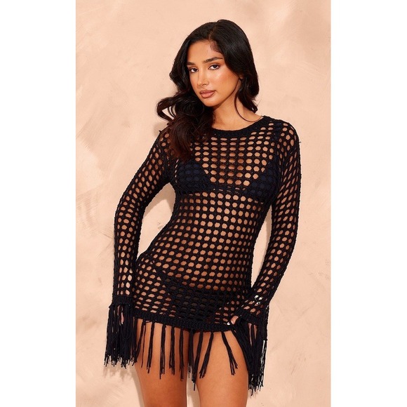 Blanc Dresses & Skirts - PrettyLittleThing Black Mesh Crochet Swim Cover Up Tassel Mini Dress L